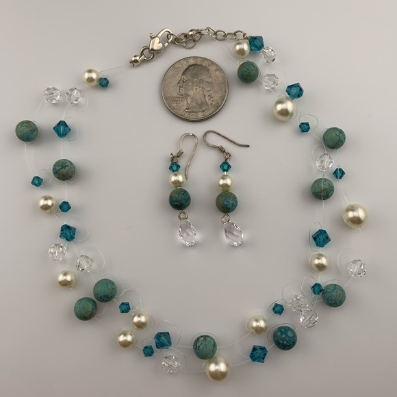 STERLING NECKLACE & EARRINGS SET FAUX PEARLS w BLUE STONE & GLASS BEADS 16-18" - Picture 5 of 9